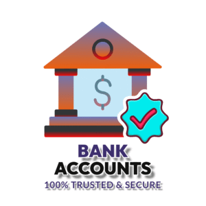 Illustration of a bank building with a dollar sign, and a checkmark badge. Text reads "Bank Accounts: 100% Trusted & Secure" in bold letters.