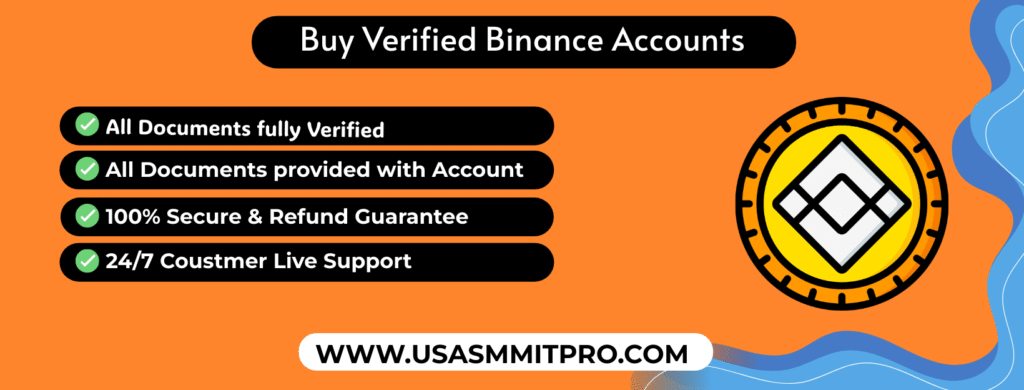 Advertisement with an orange background, offering verified Binance accounts. Features include verified documents and 24/7 support. Website link at the bottom.